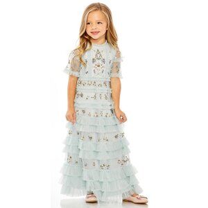Mac Duggal Girls Dress Size 4 Blue Tiered Ruffle Floral Embroidered 8065 $498